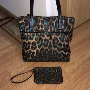 Coach cheetah print purse with matching wristlet
